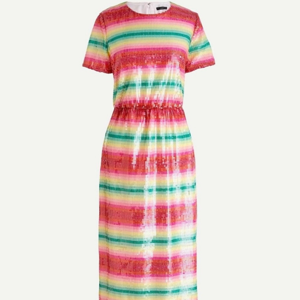 NWOT J Crew Dress with Watermelon Red, Green, and Pink Sequined Stripes